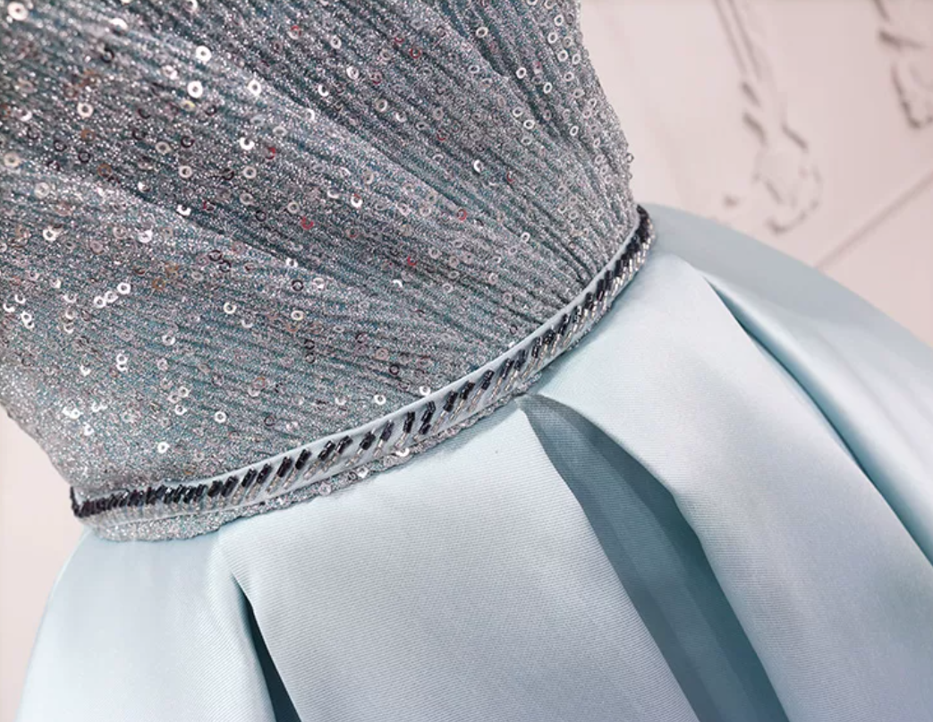 Sparkly V Neck Homecoming Dress Blue Satin Sequins Birthday Dress C8324