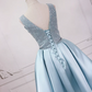 Sparkly V Neck Homecoming Dress Blue Satin Sequins Birthday Dress C8324