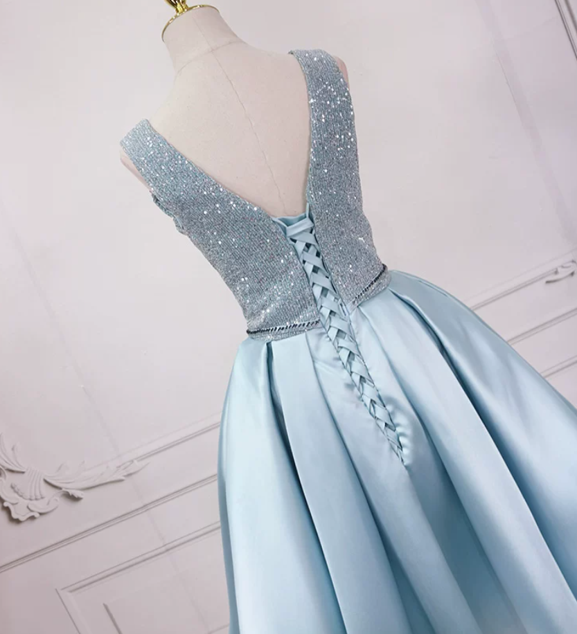 Sparkly V Neck Homecoming Dress Blue Satin Sequins Birthday Dress C8324