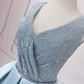 Sparkly V Neck Homecoming Dress Blue Satin Sequins Birthday Dress C8324