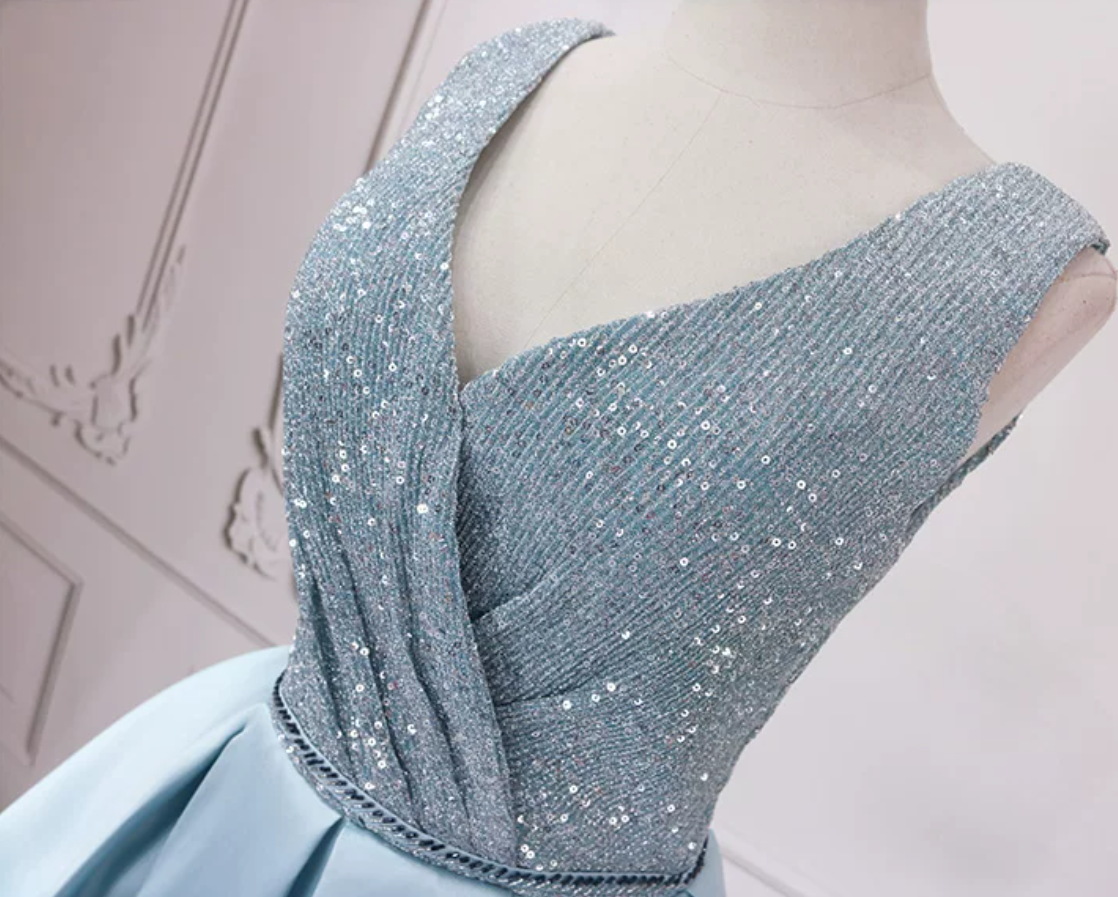 Sparkly V Neck Homecoming Dress Blue Satin Sequins Birthday Dress C8324