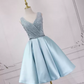 Sparkly V Neck Homecoming Dress Blue Satin Sequins Birthday Dress C8324