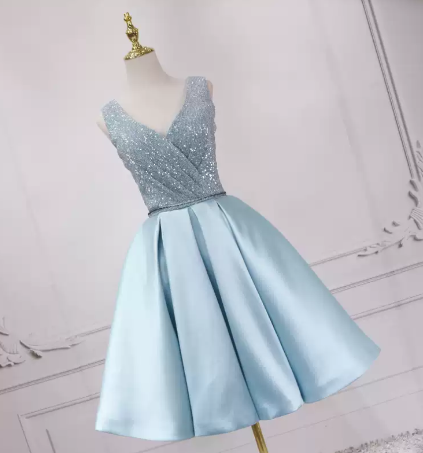 Sparkly V Neck Homecoming Dress Blue Satin Sequins Birthday Dress C8324