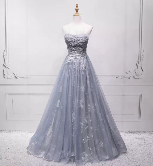 Luxury Strapless Feather Grey Ball Gown Beading Tulle Sweet 16 Dresses C8327