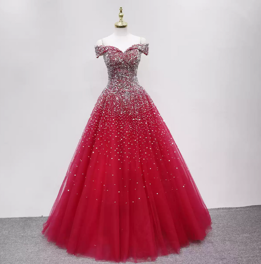 Luxurious Off-the-Shoulder Red Ball Gown Sequins Tulle Sweet 16 Dresses C8330