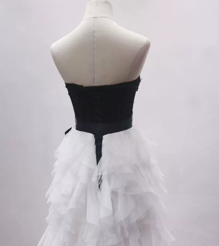 Unique Strapless Black & White Prom Dress Beading Tulle A-Line Evening Dress C8331