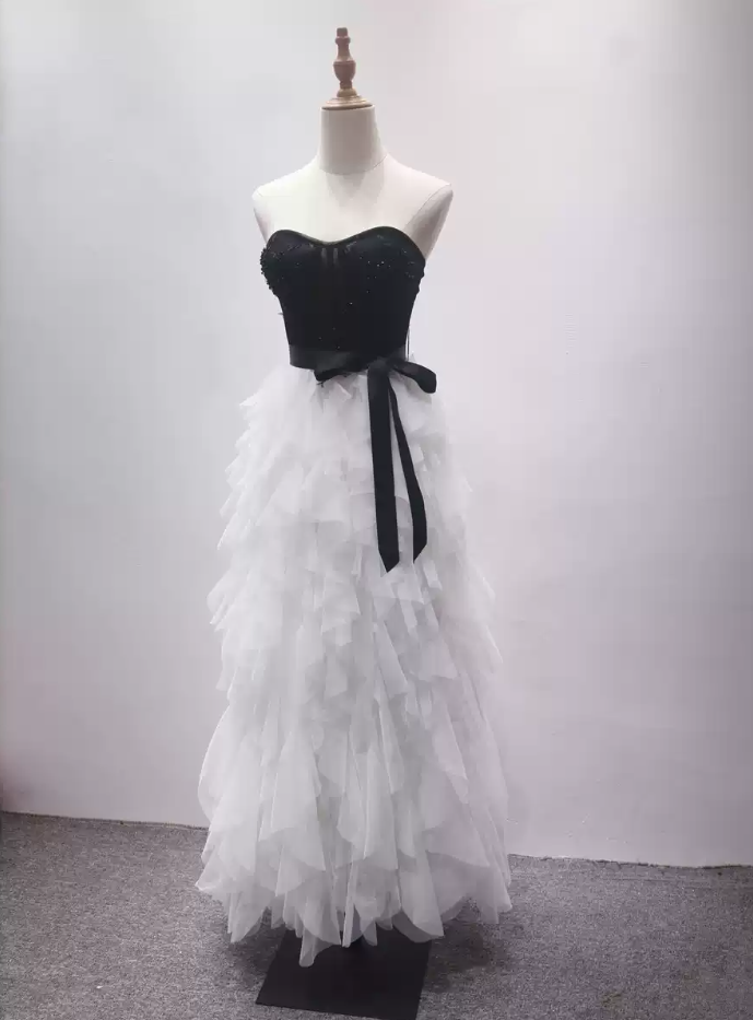 Unique Strapless Black & White Prom Dress Beading Tulle A-Line Evening Dress C8331