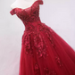 Luxurious Red Off-the-Shoulder Ball Gown Beaded Tulle Sweet 16 Dresses C8335