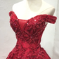 Luxurious Red Off-the-Shoulder Ball Gown Beaded Tulle Sweet 16 Dresses C8335