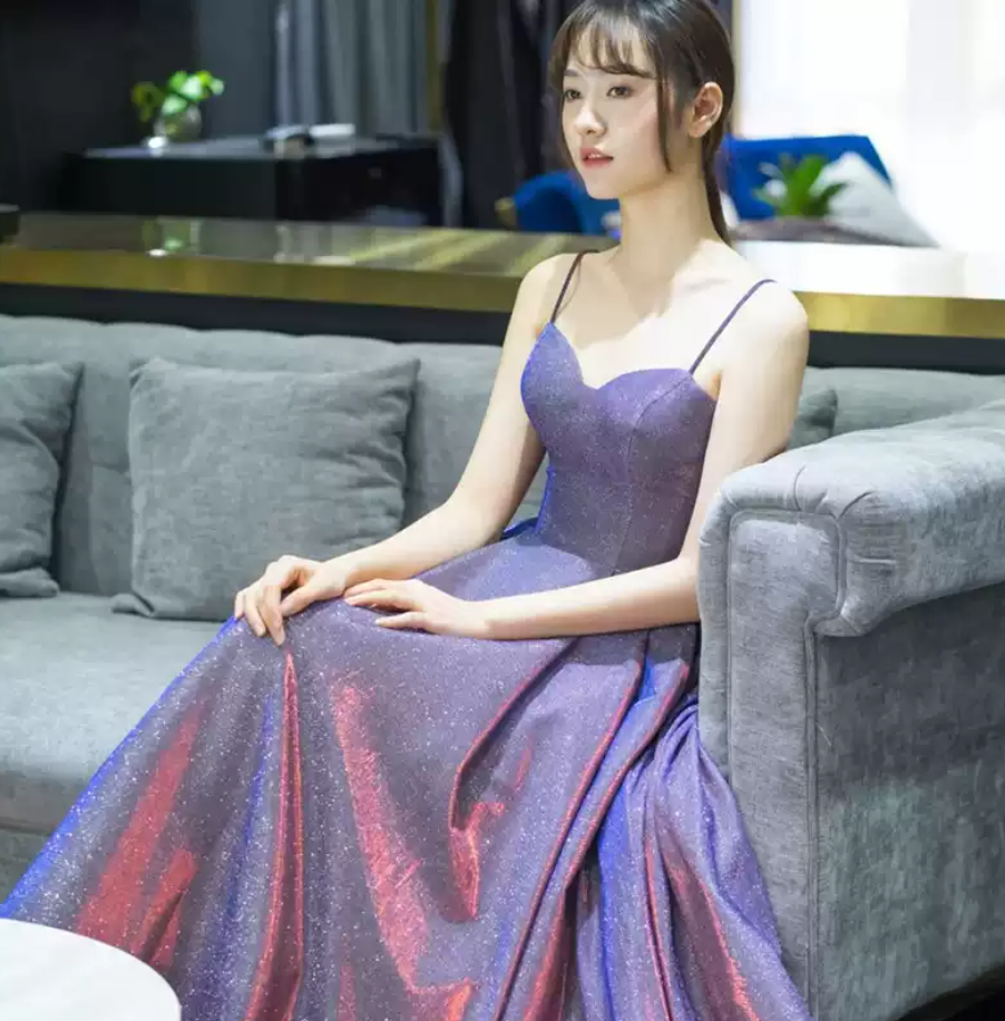 Glittering Spaghetti Straps Purple Prom Dress Sequins Evening Dress C8339