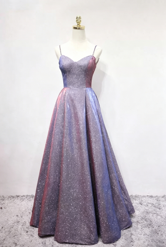 Glittering Spaghetti Straps Purple Prom Dress Sequins Evening Dress C8339