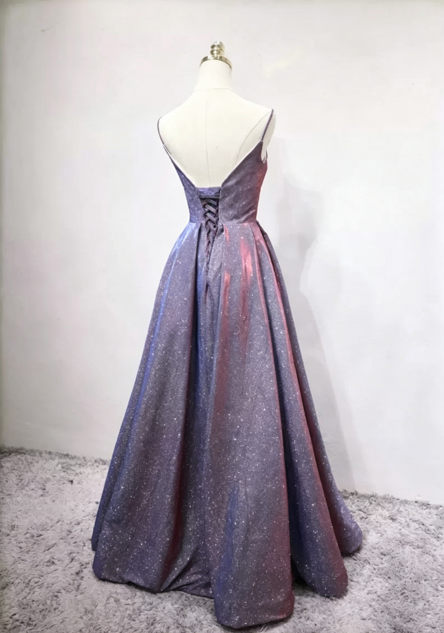 Glittering Spaghetti Straps Purple Prom Dress Sequins Evening Dress C8339