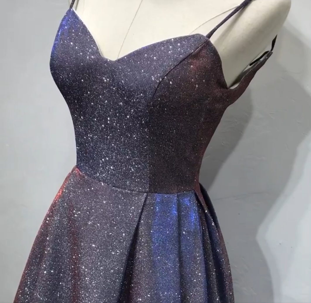 Glittering Spaghetti Straps Purple Prom Dress Sequins Evening Dress C8339