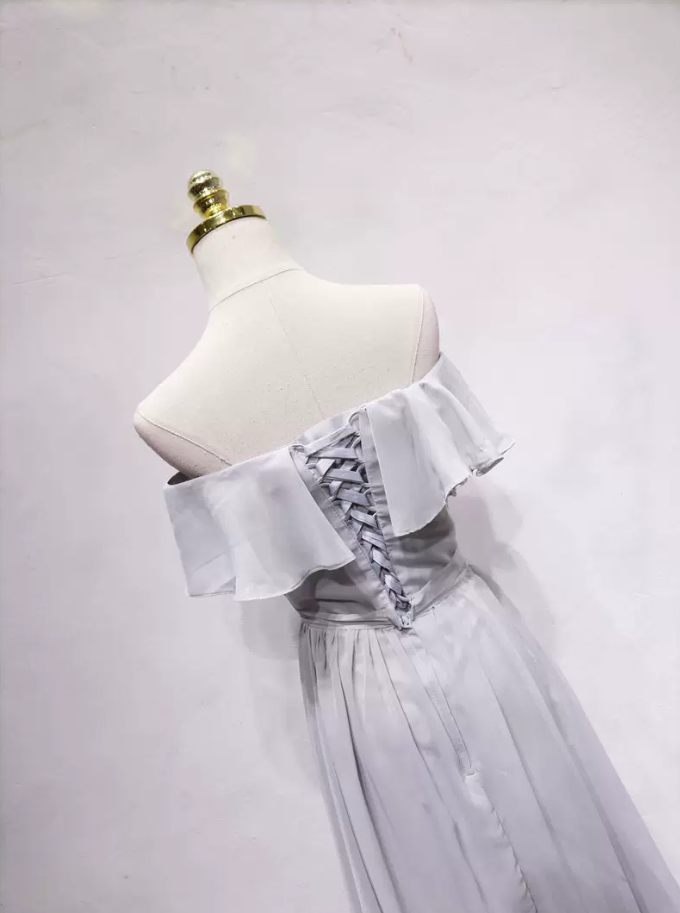 Simple Off-the-Shoulder Grey Prom Dress Ruffles A-Line Formal Dress C8343
