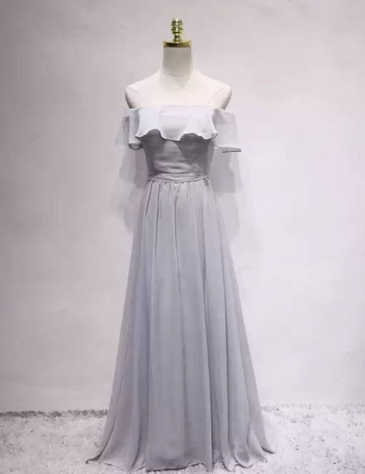 Simple Off-the-Shoulder Grey Prom Dress Ruffles A-Line Formal Dress C8343
