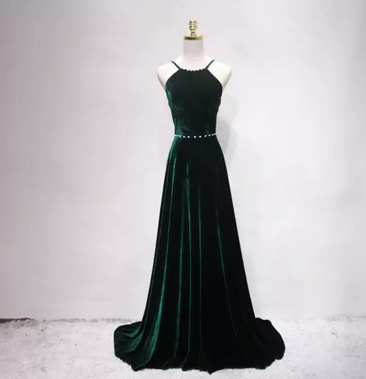 Alluring Halter Neck Dark Green Prom Dress Beads Velvet A-Line Formal Dress C8344