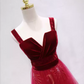 Romantic Spaghetti Straps Red Prom Dress Sequins Velvet A-Line Formal Dress C8346