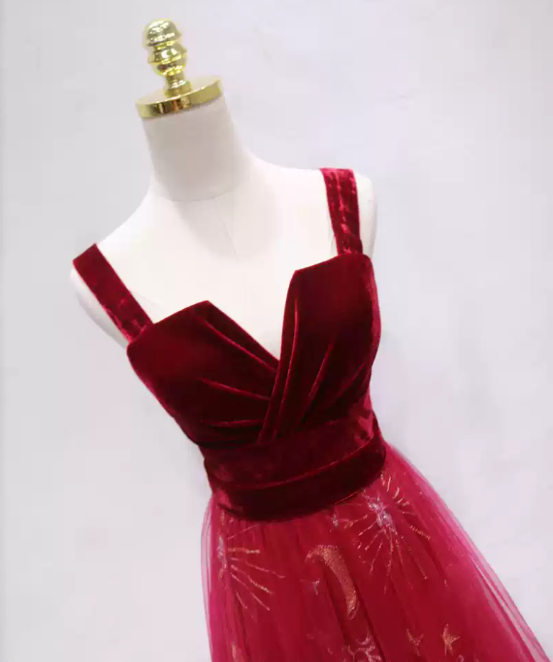 Romantic Spaghetti Straps Red Prom Dress Sequins Velvet A-Line Formal Dress C8346