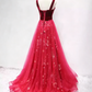 Romantic Spaghetti Straps Red Prom Dress Sequins Velvet A-Line Formal Dress C8346