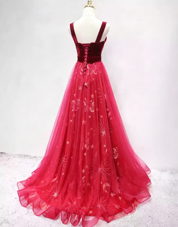 Romantic Spaghetti Straps Red Prom Dress Sequins Velvet A-Line Formal Dress C8346