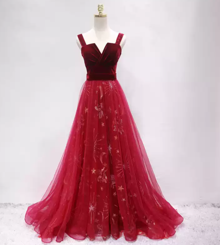 Romantic Spaghetti Straps Red Prom Dress Sequins Velvet A-Line Formal Dress C8346