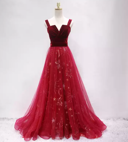 Romantic Spaghetti Straps Red Prom Dress Sequins Velvet A-Line Formal Dress C8346
