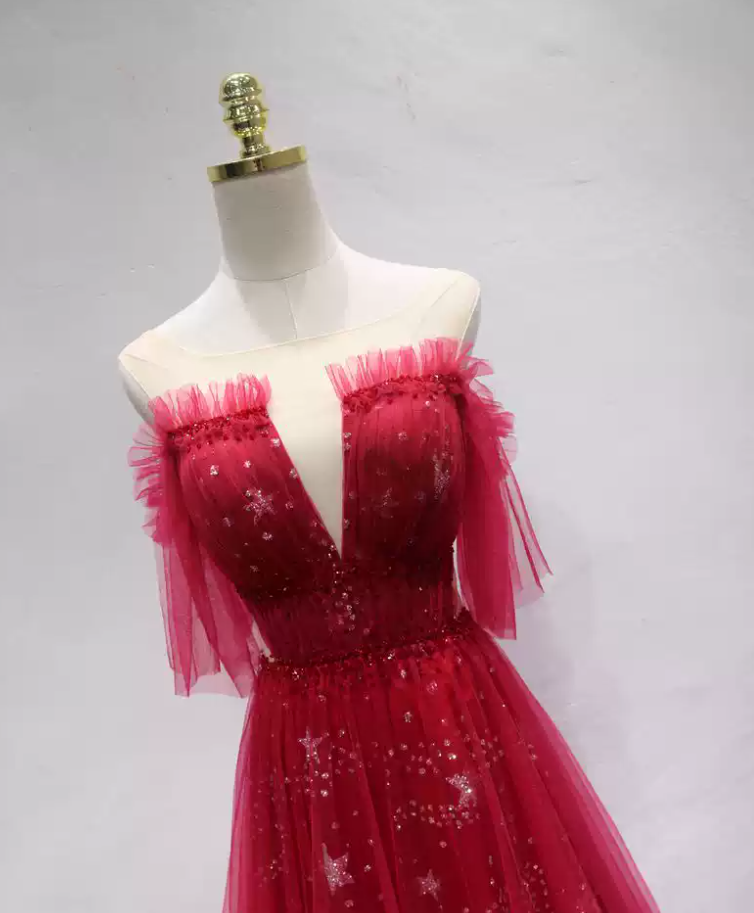 Brilliant Red Prom Dress Sequins Tulle A-Line Formal Dress C8348