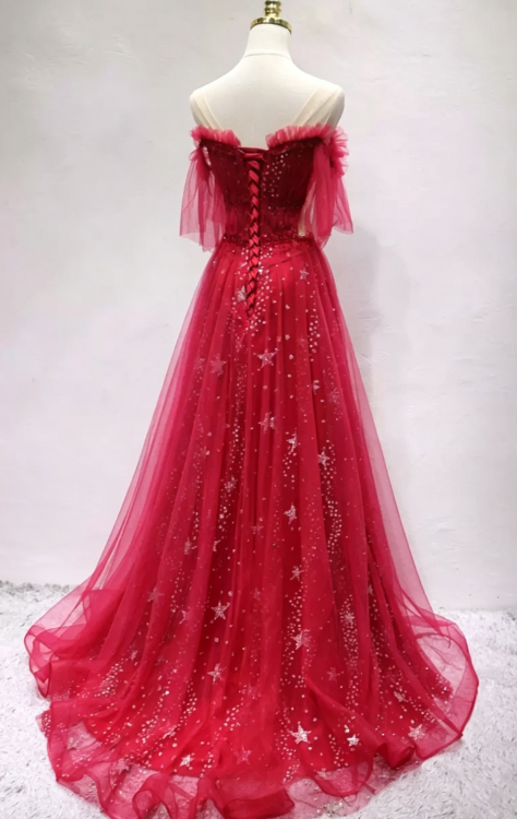Brilliant Red Prom Dress Sequins Tulle A-Line Formal Dress C8348