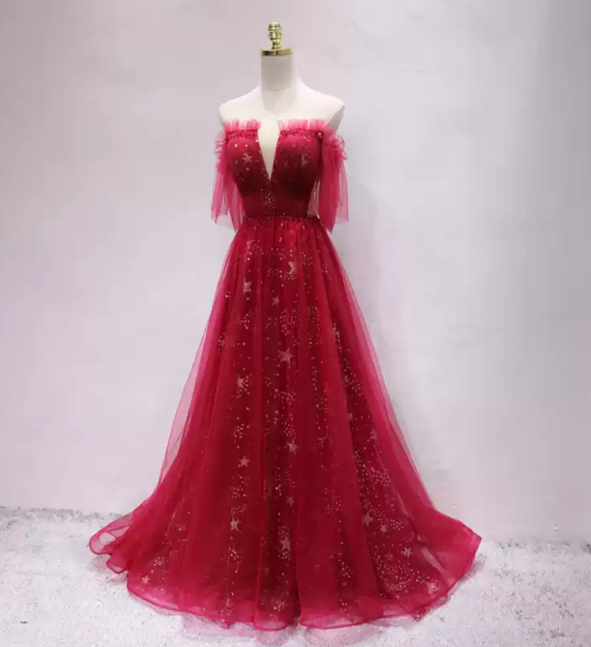 Brilliant Red Prom Dress Sequins Tulle A-Line Formal Dress C8348