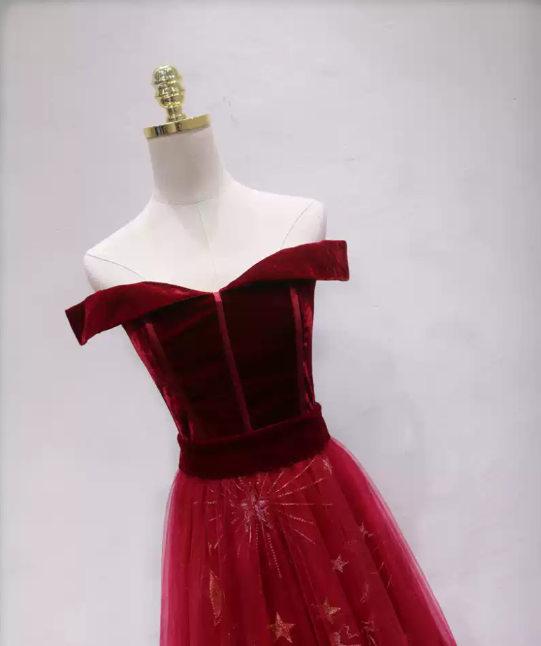 Charming Off-the-Shoulder Red Prom Dress Sequins Velvet A-Line Formal Dress C8349