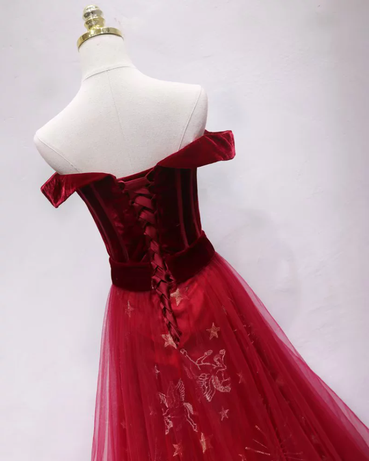 Charming Off-the-Shoulder Red Prom Dress Sequins Velvet A-Line Formal Dress C8349