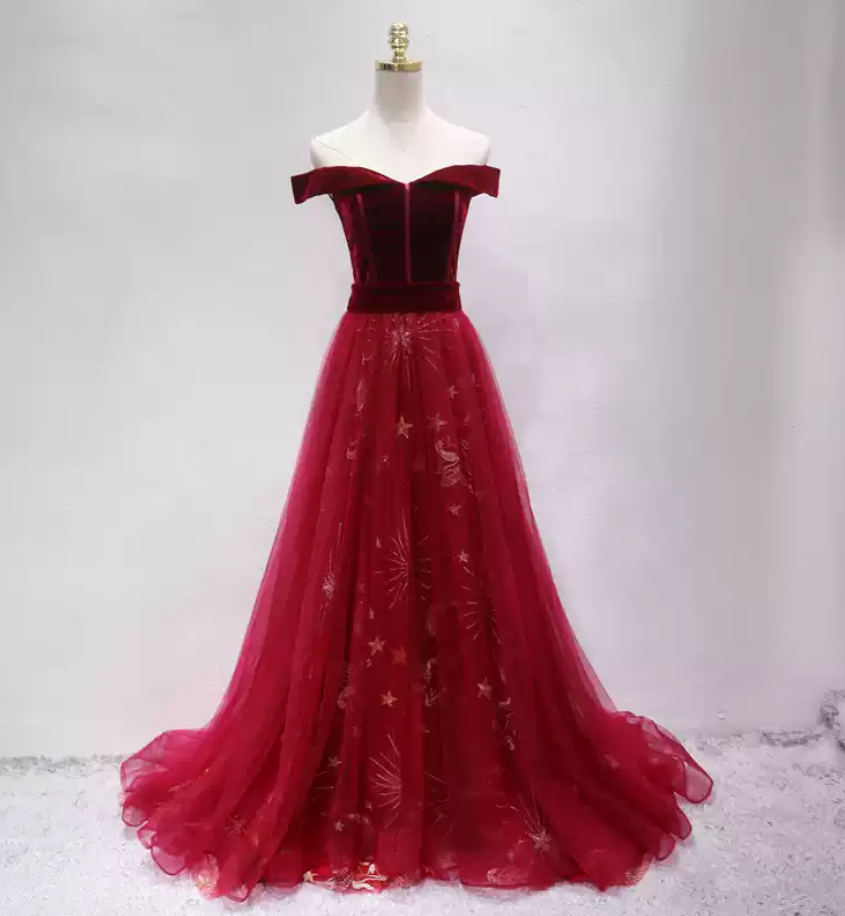 Charming Off-the-Shoulder Red Prom Dress Sequins Velvet A-Line Formal Dress C8349