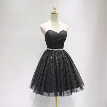 Charming Strapless Black Homecoming Dress Sequins A-Line Tulle Birthday Dress C8351