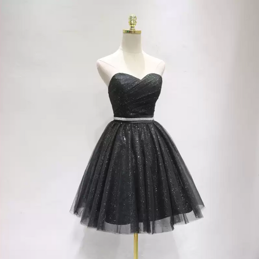 Charming Strapless Black Homecoming Dress Sequins A-Line Tulle Birthday Dress C8351