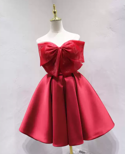 Simple Strapless Red Homecoming Dress A-Line Satin Birthday Dress C8353