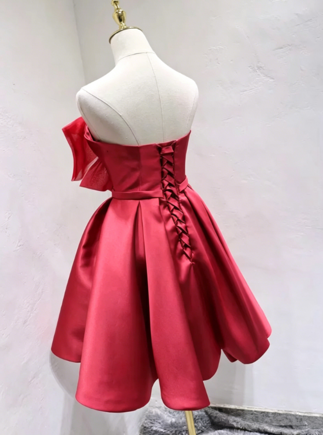 Simple Strapless Red Homecoming Dress A-Line Satin Birthday Dress C8353