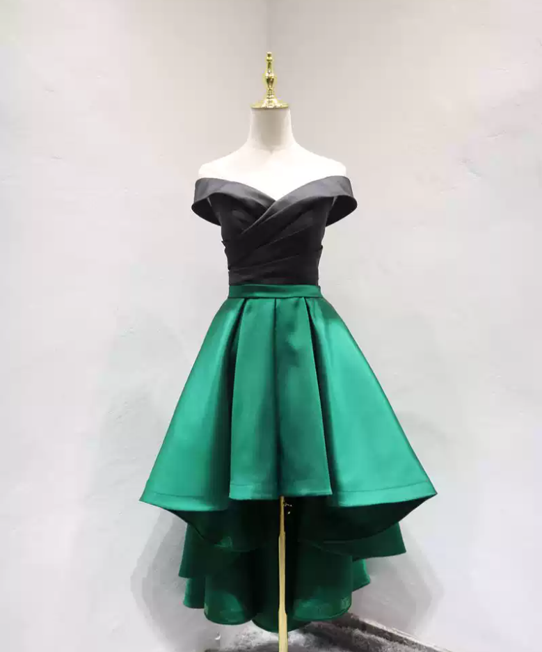 Trendy Off-Shoulder Black & Green Homecoming Dress A-Line Satin Birthday Dress C8354