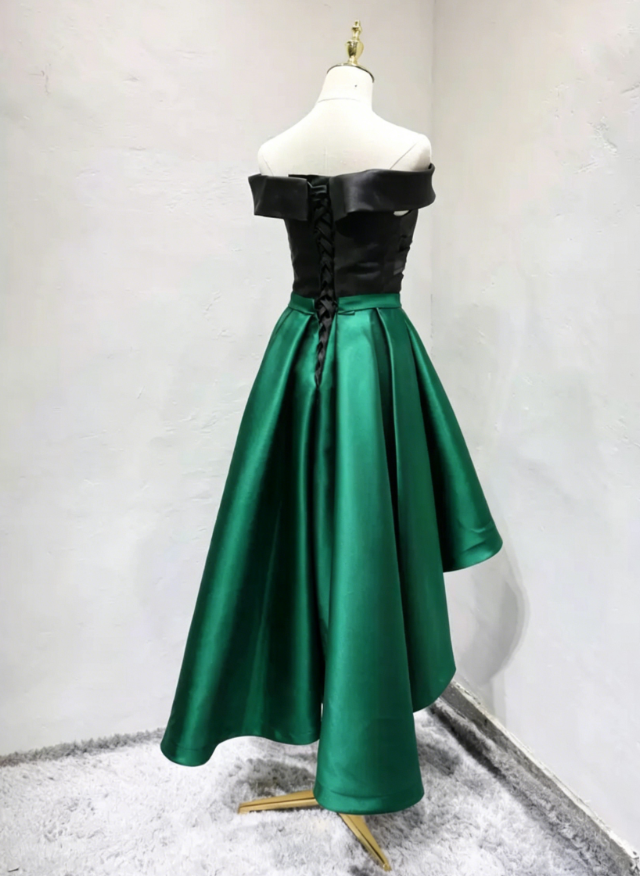Trendy Off-Shoulder Black & Green Homecoming Dress A-Line Satin Birthday Dress C8354