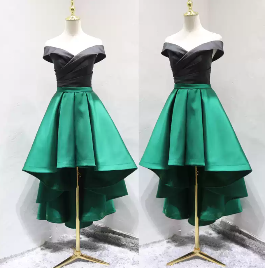Trendy Off-Shoulder Black & Green Homecoming Dress A-Line Satin Birthday Dress C8354