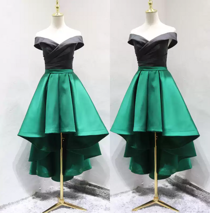 Trendy Off-Shoulder Black & Green Homecoming Dress A-Line Satin Birthday Dress C8354