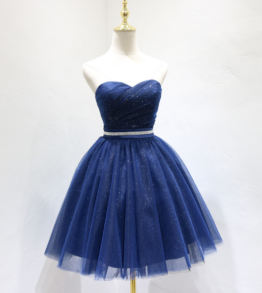 Sexy Strapless Navy Blue Homecoming Dress A-Line Sequins Tulle Birthday Dress C8356