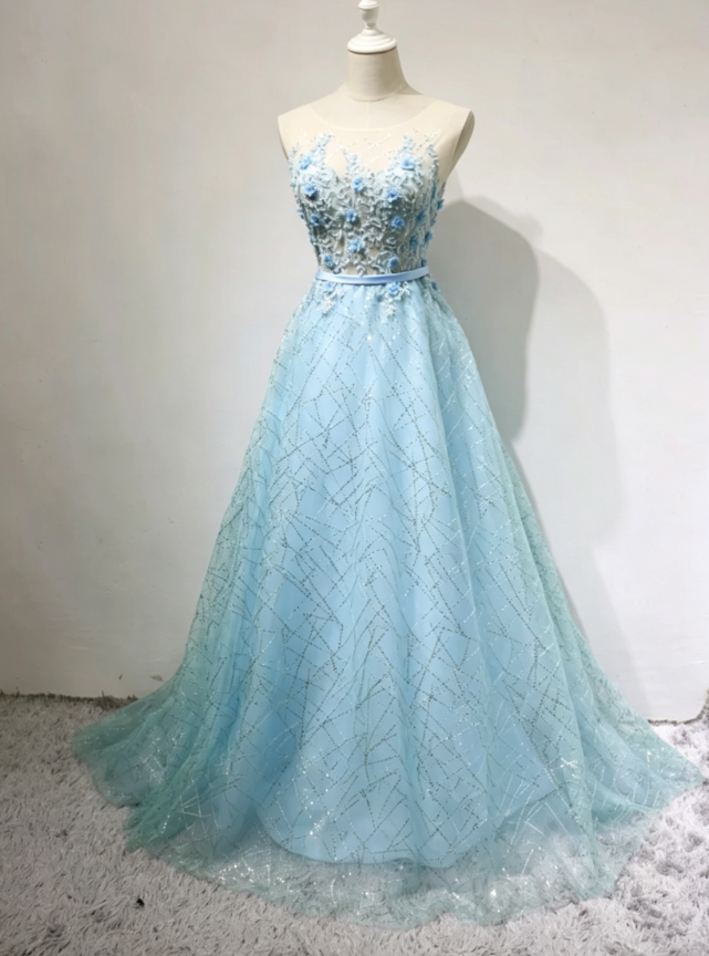 Elegant Illusion Neck Prom Dress Appliques Sequins A-Line Formal Dress C8360