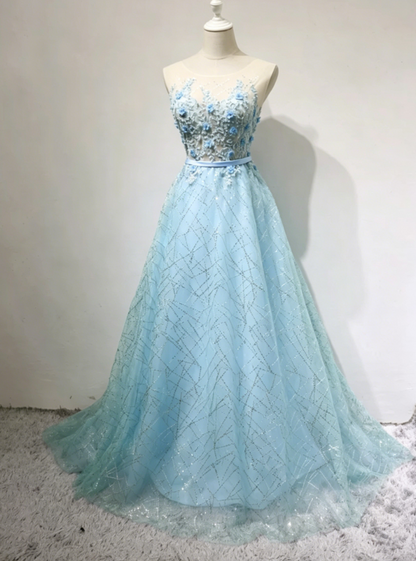 Elegant Illusion Neck Prom Dress Appliques Sequins A-Line Formal Dress C8360