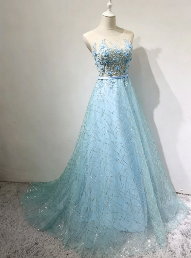 Elegant Illusion Neck Prom Dress Appliques Sequins A-Line Formal Dress C8360