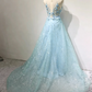 Elegant Illusion Neck Prom Dress Appliques Sequins A-Line Formal Dress C8360