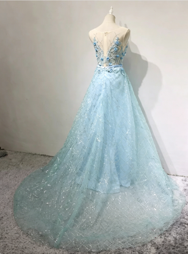 Elegant Illusion Neck Prom Dress Appliques Sequins A-Line Formal Dress C8360