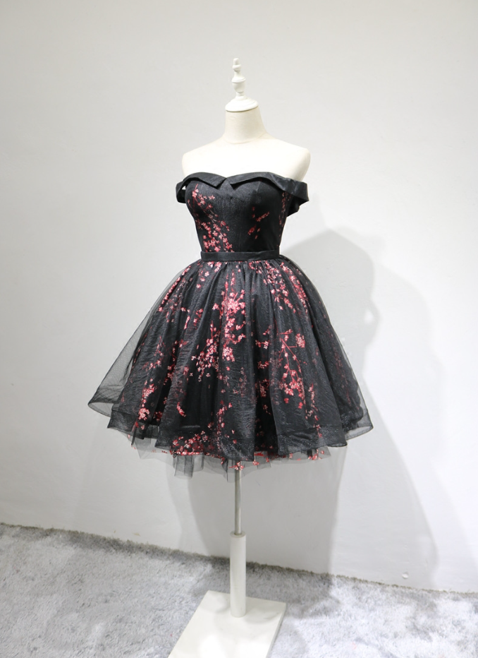 Vintage Off-the-Shoulder Black Homecoming Dress Tulle Floral A-Line Birthday Dress C8362