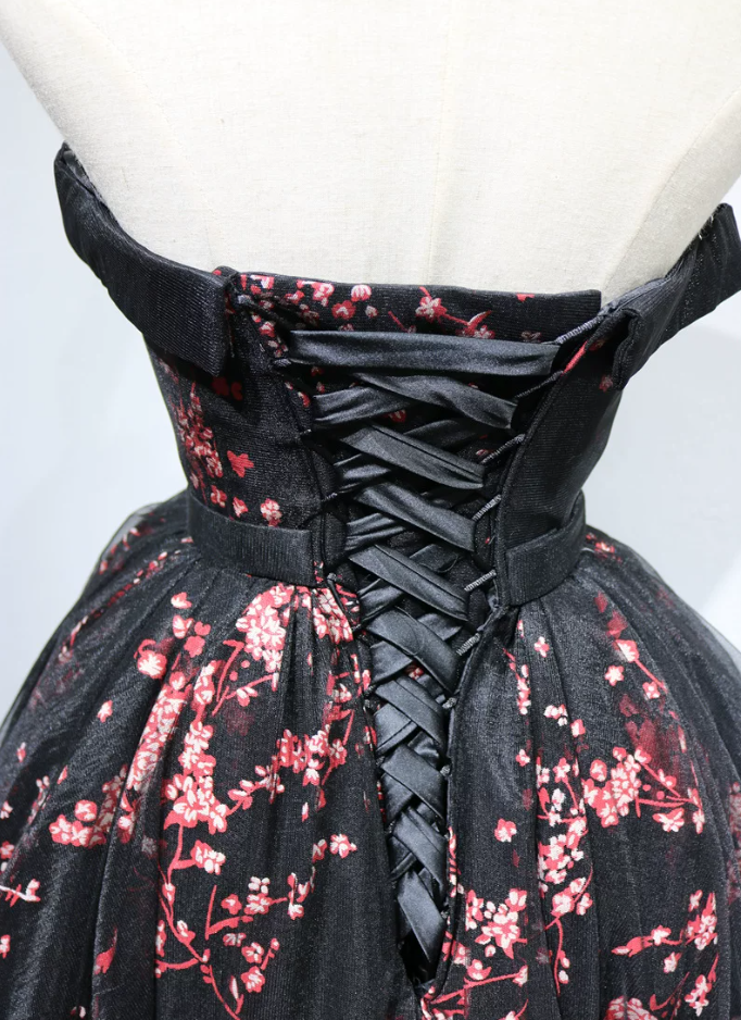 Vintage Off-the-Shoulder Black Homecoming Dress Tulle Floral A-Line Birthday Dress C8362