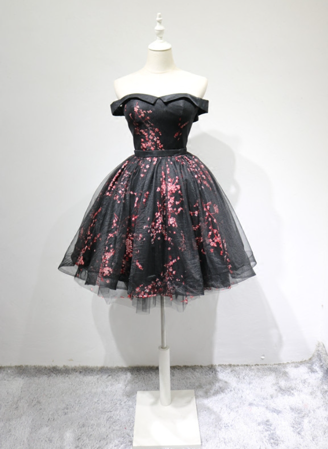 Vintage Off-the-Shoulder Black Homecoming Dress Tulle Floral A-Line Birthday Dress C8362