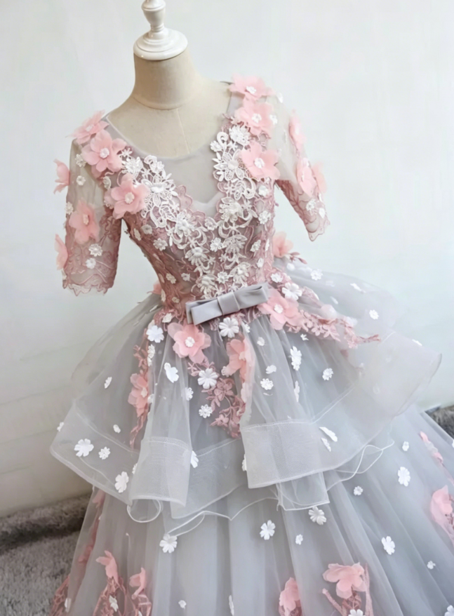 Elegant Jewel Neck Floral Ball Gown Ruffles Appliques Sweet 16 Dresses C8363